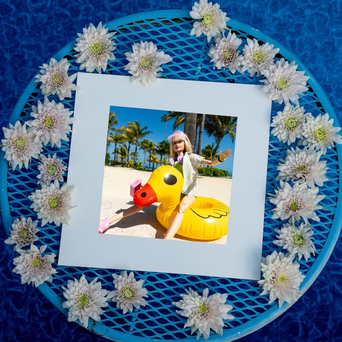 Retro Doll Ducky Pool Float Art Print – Vibrant Summer Photography