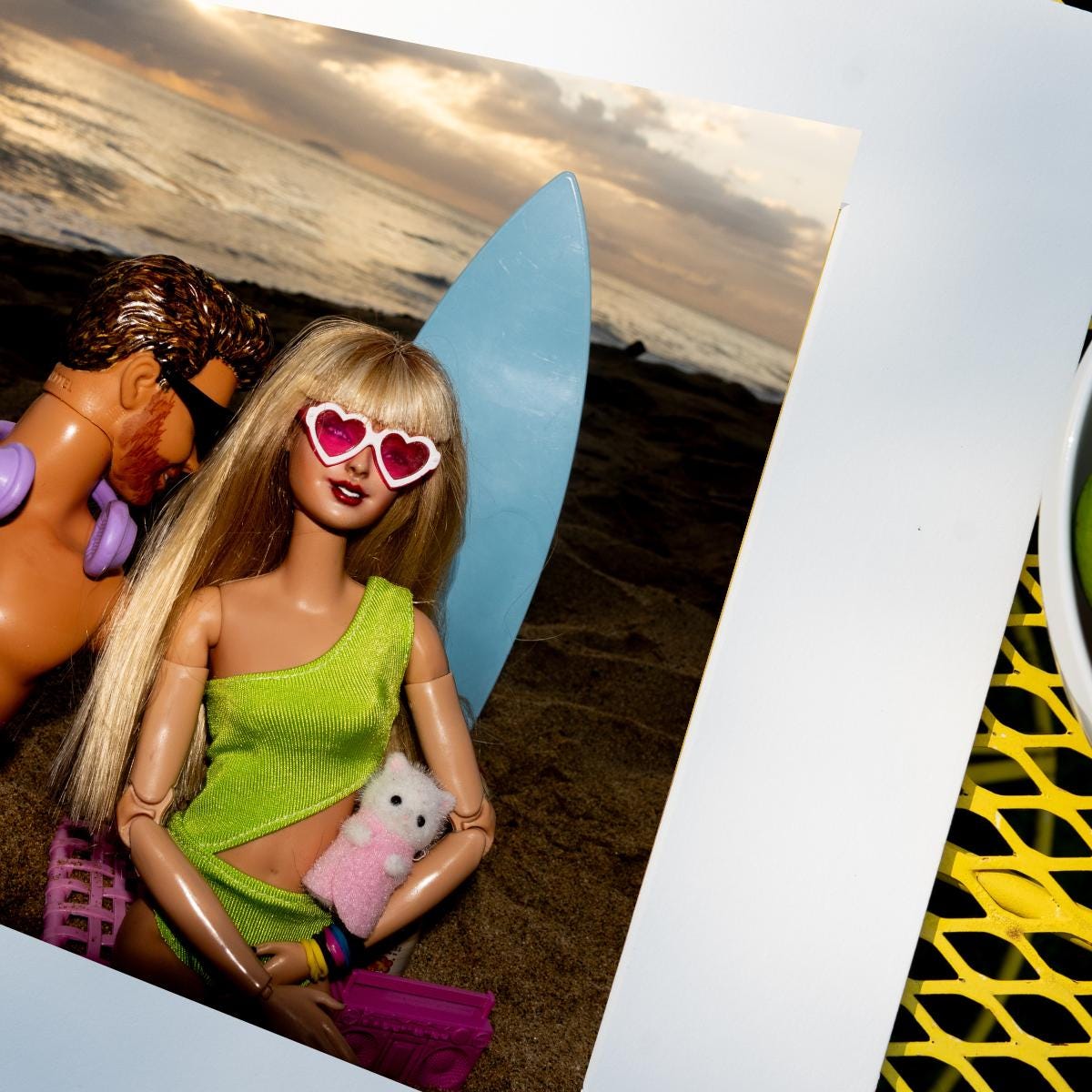 Sunset Beach Funny Doll Art Print – Taylor Travis Cat Mom Romantic Vacation Scene