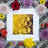 A beautifully framed fine art print of a golden-yellow flower, surrounded by an assortment of colorful blossoms including roses, daisies, and chrysanthemums. The composition is set on a modern white metal surface, creating a visually striking contrast between the soft floral elements and the structured background. A vibrant and artistic display perfect for nature and flower lovers.