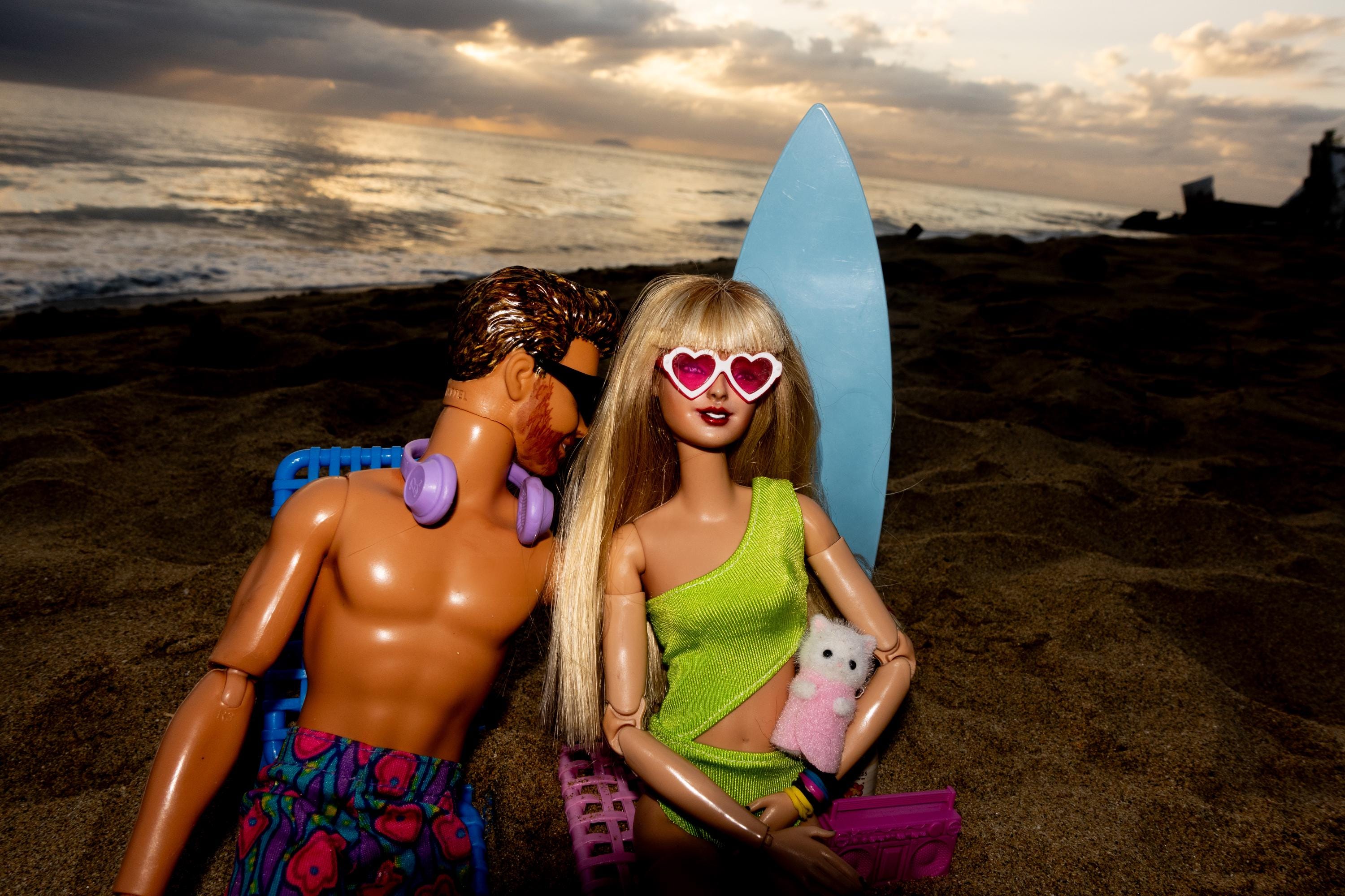 Sunset Beach Funny Doll Art Print – Taylor Travis Cat Mom Romantic Vacation Scene