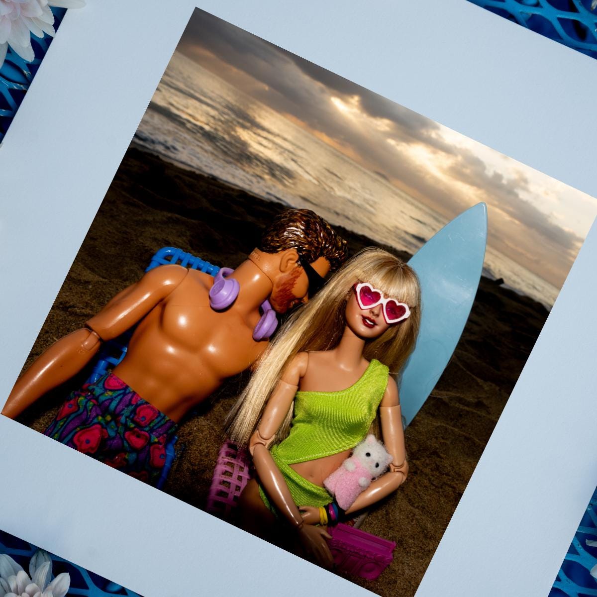 Sunset Beach Funny Doll Art Print – Taylor Travis Cat Mom Romantic Vacation Scene