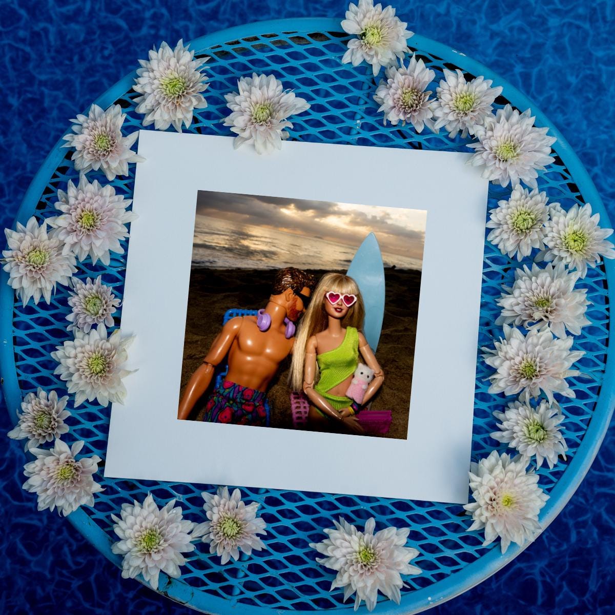 Sunset Beach Funny Doll Art Print – Taylor Travis Cat Mom Romantic Vacation Scene